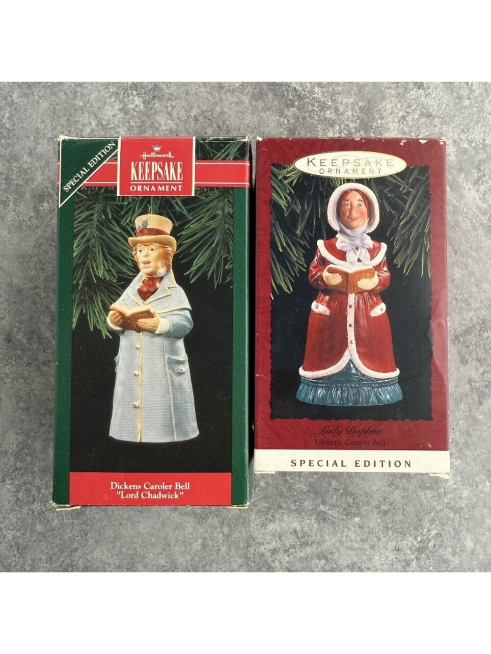 (2) Hallmark Ornament Lord Chadwick & Lady Daphne Dickens Caroler Porcelain Bell